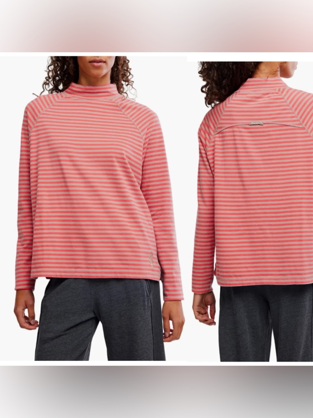 Free People FP Movement Oversized Striped Coral and Beige Long Sleeve Top